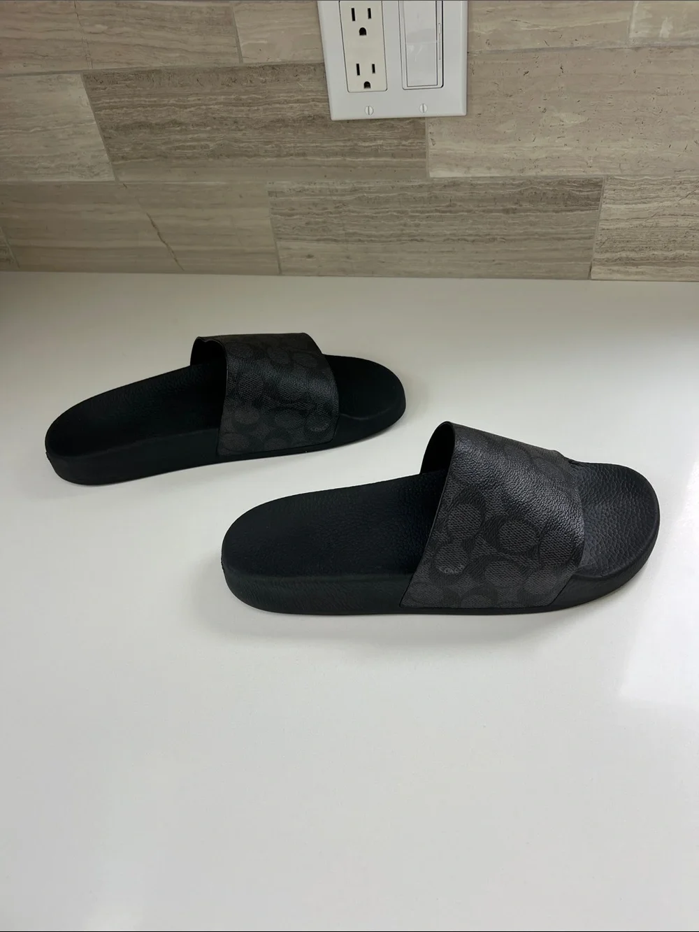 Coach signature charcoal grey black logo coated canvas open toe slides sandals